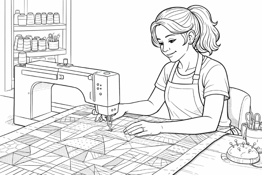Junge Quilterin quiltet einen modernen Quilt mit Naehmaschine